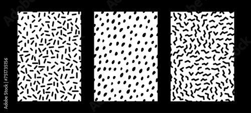 Pack de tres patrones para fondos o estampados con formas abstractas orgánicas, ondas, marcas, motas, lineas. Vectores abstractos en blanco y negro