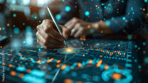 The businessman draws a graph depicting growth and progress in the business and analyzes financial data and investment plans.