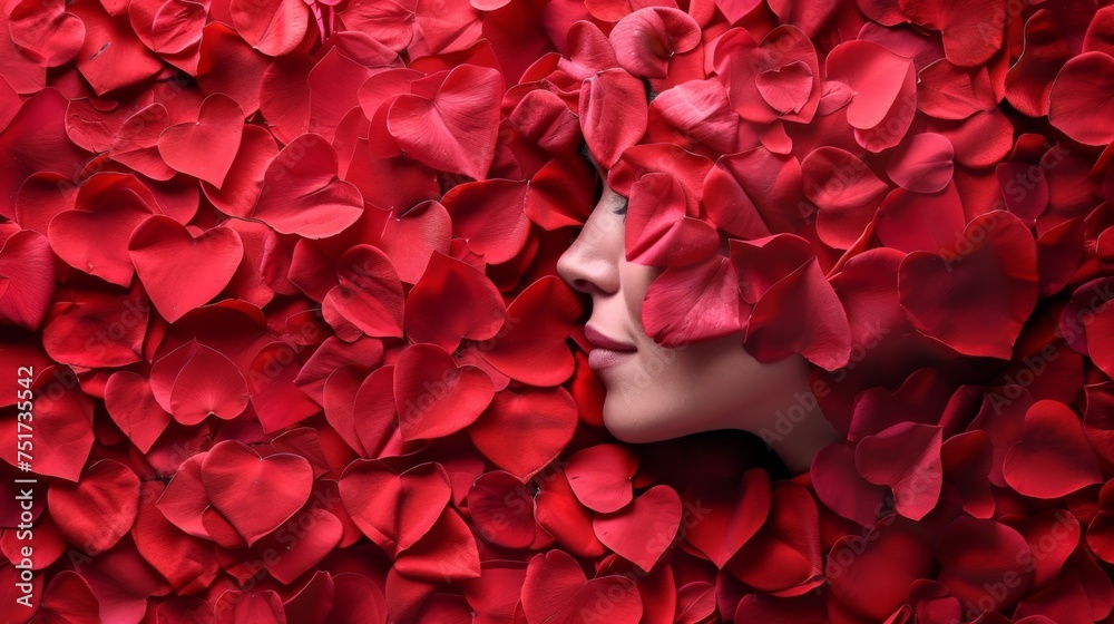 A woman with red petals covering her face A woman with red petals covering her face