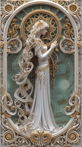 zodiac virgo, massive & mystical, embodies the zodiac sign. artwork in Art Nouveau style, Ethereal in the cosmos, a symbol for astrology & fortune.