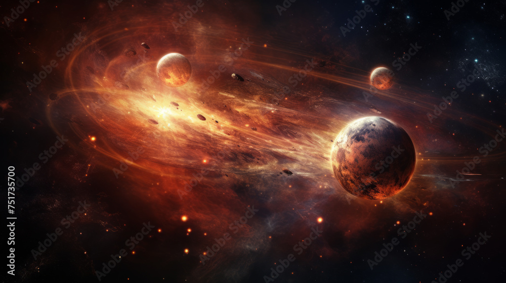 A striking artwork depicting planets orbiting within a dusty cosmic environment, hinting at creation