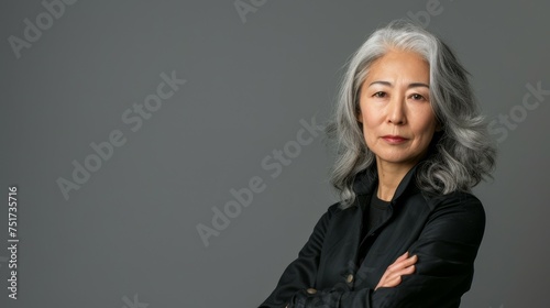 Confident 50 year old Asian psychologist with gray hair posing for advertisement