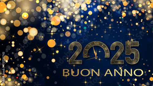 biglietto o banner per augurare un felice anno nuovo 2025 in oro lo 0 è un orologio su uno sfondo sfumato blu scuro con stelle e cerchi color oro con effetto bokeh