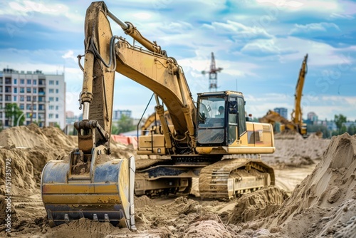 Excavator in the sand at the construction site.