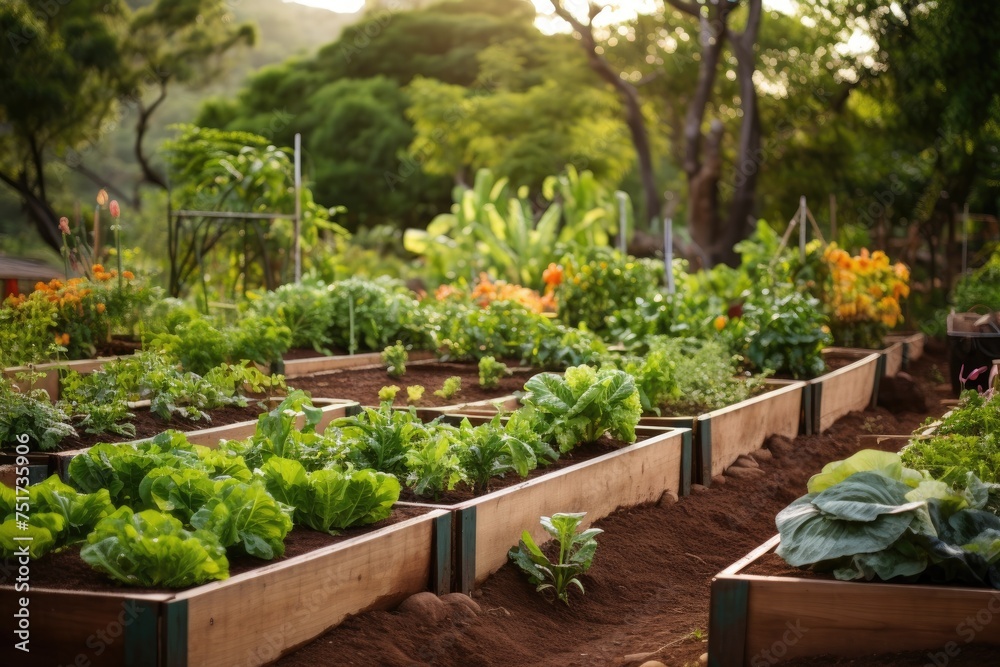 Raised garden beds filled with thriving vegetables in backyard Raised garden beds filled with thriving vegetables in backyard