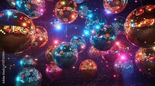 A constellation of disco balls floats in a space filled with radiant colors, each one a beacon of festivity and joy. photo