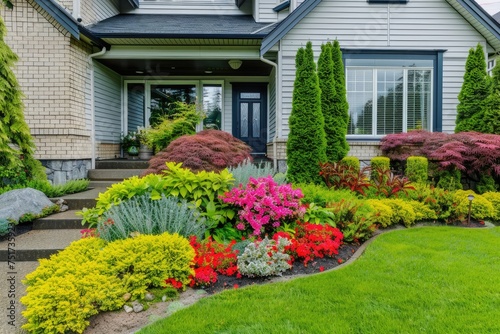 Front yard, landscape design with multicolored shrubs and green grass with a beautiful yard for the background. photo
