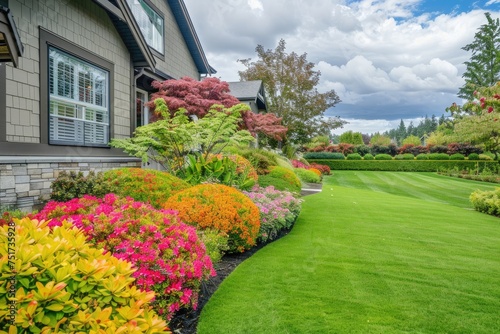 Front yard, landscape design with multicolored shrubs and green grass with a beautiful yard for the background.