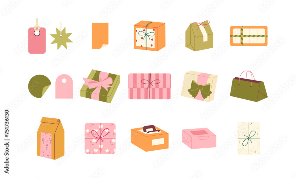 17 vector illustrations of gift wrapping, boxes, gifts, bags, stickers