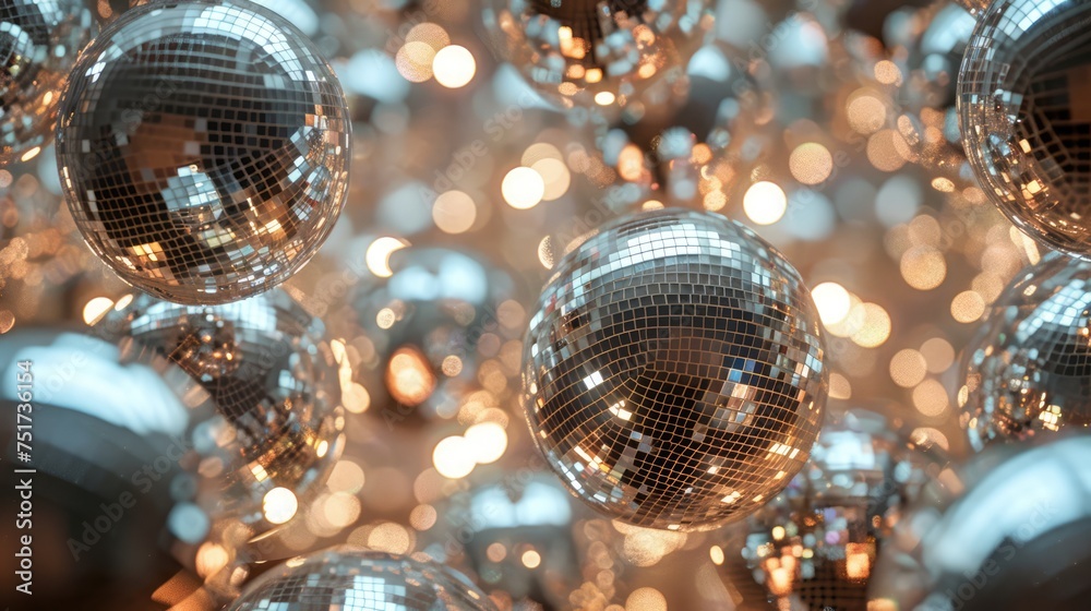 Fototapeta premium A festive atmosphere is created by a cluster of disco balls on a table, their mirrored surfaces reflecting colorful light.