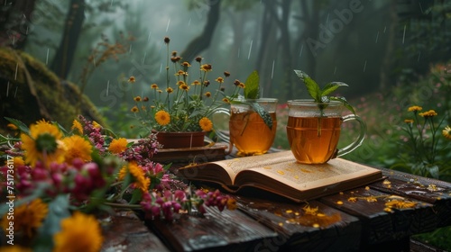 Two mugs of tea sit on a wooden table in the rain