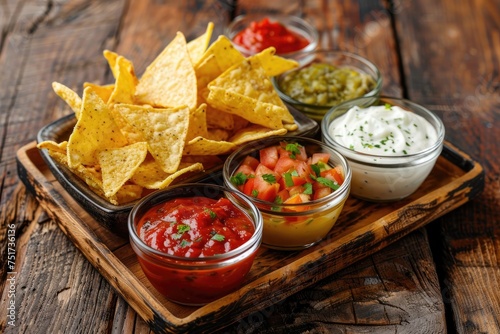 Triangular nachos corn chips with various sauces in small glass bowls on wooden tray
