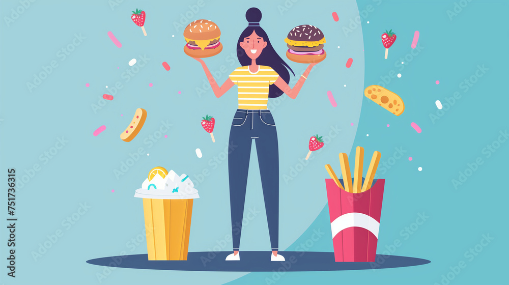 Refusing Food Visual Flat art of woman refusing to eat junk food. Healthy lifestyle concept ...