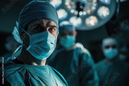 a medical professional from behind, ready for surgery, with the operating room team illuminated by intense overhead lighting.