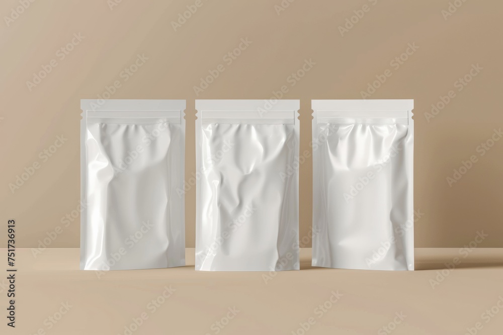 Blank coffee packagings, front view on a beige background, coffee packaging mockup with empty space to display your branding design