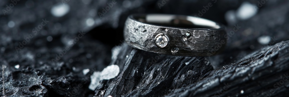 Wedding rings on a piece of coal. Jewelry background. Perfect for jewelry store advertisements or engagement-related content with Copy Space.