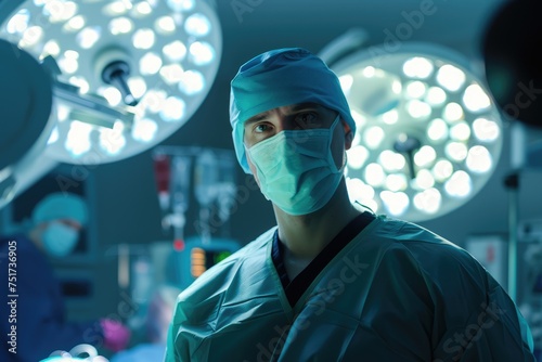 Under the intense glow of surgical lights, a figure in blue attire is the focal point, while the operation team works diligently in the background.