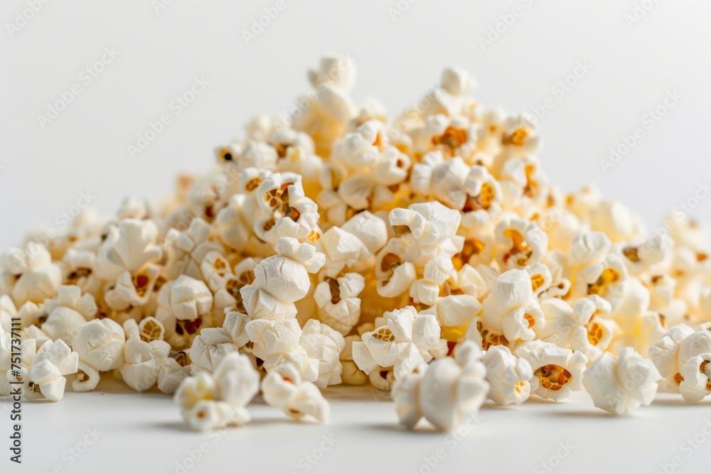 Delicious popcorn heap on white background scattered texture Focus