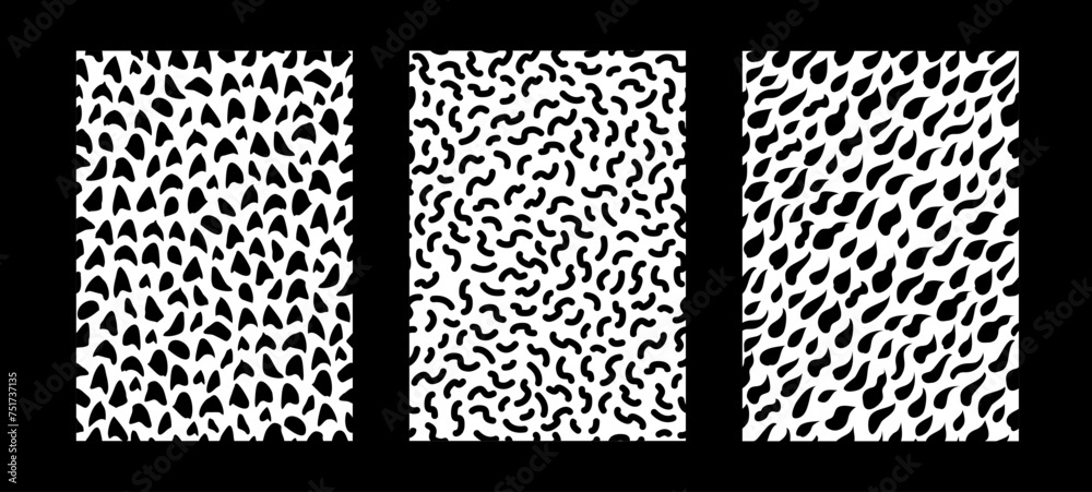 Pack de tres patrones para fondos o estampados con formas abstractas orgánicas, ondas, marcas. Vectores abstractos en blanco y negro