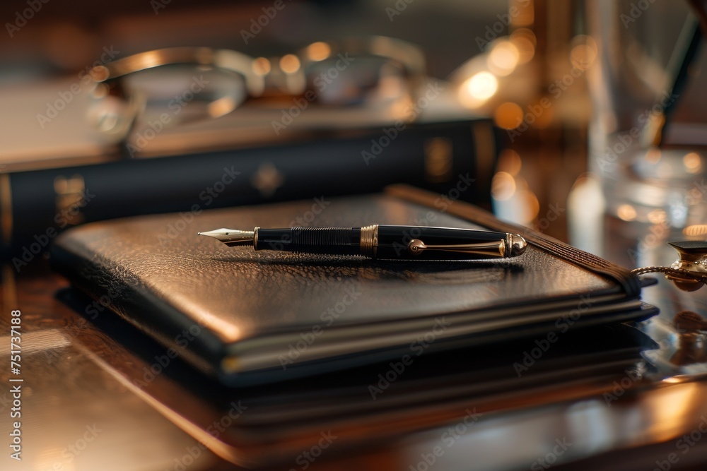 Desktop business accessories notebook diary pen cufflinks glasses Blurred macro shot with soft focus