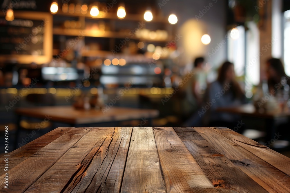 Display product on an empty table with blurred cafe background