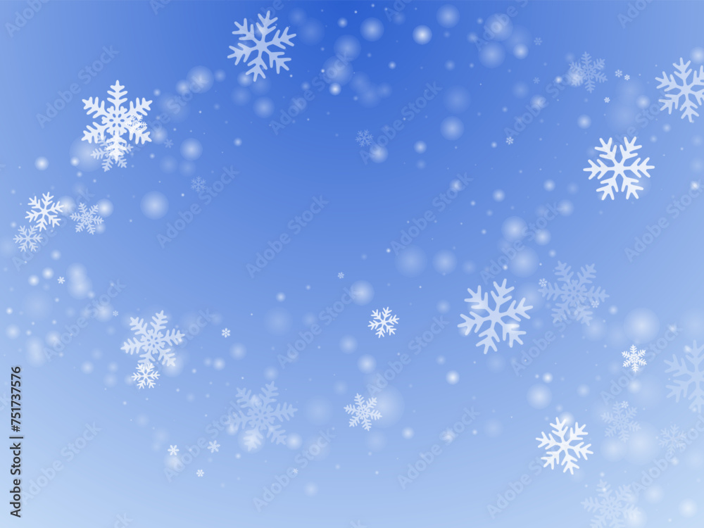 Random heavy snowflakes backdrop. Wintertime speck freeze granules. Snowfall sky white blue pattern. Little snowflakes january vector. Snow nature landscape.
