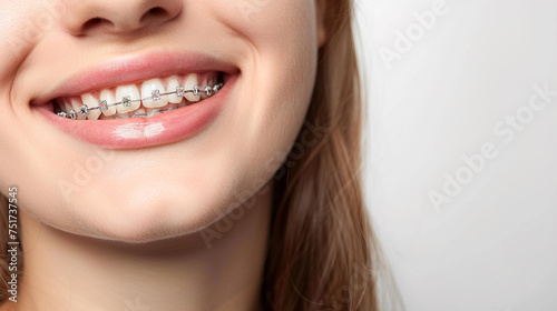 Close up woman smile with braces isolated on white background