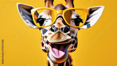 Portrait of smiling giraffe with glasses on yellow monochrome background. Concept of vision. Creative design. Space for text  free space  copyspace.