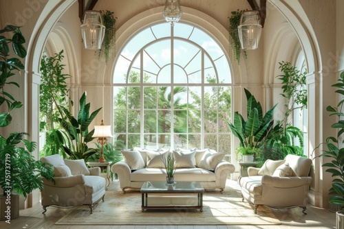 Elegant family room with high ceiling arch window love seat armchair glass coffee table and green plants
