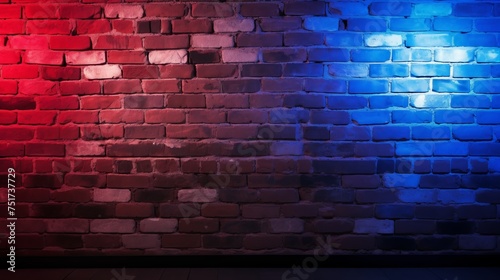 Red and Blue Lighting Effect on Brick Wall for Party Happiness Concept. Product Placement Showcase.