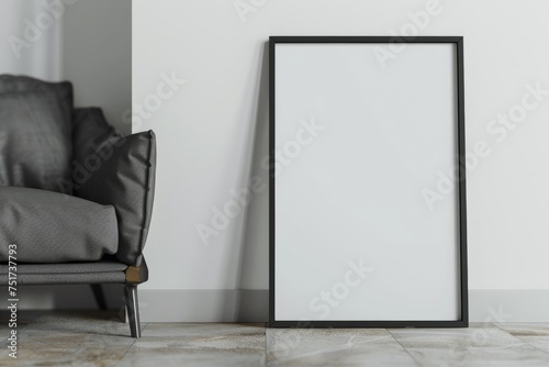 Empty thin black frame on light wooden floor with white wall behind it. Empty poster fram photo