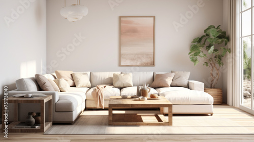 A trendy living room featuring a modern sectional and augmented reality décor © Textures & Patterns