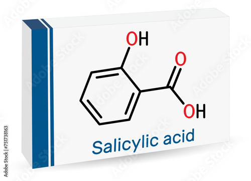 Salicylic acid molecule. It is used in the production of pharmaceuticals, in cosmetics. Skeletal chemical formula. Paper packaging for drugs.