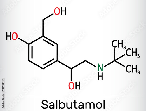 Salbutamol, albuterol  molecule. It is short-acting agonist used in the treatment of asthma and COPD. Skeletal chemical formula