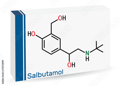 Salbutamol, albuterol  molecule. It is short-acting agonist used in the treatment of asthma and COPD. Skeletal chemical formula. Paper packaging for drugs photo