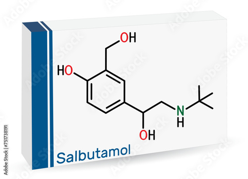 Salbutamol, albuterol  molecule. It is short-acting agonist used in the treatment of asthma and COPD. Skeletal chemical formula. Paper packaging for drugs