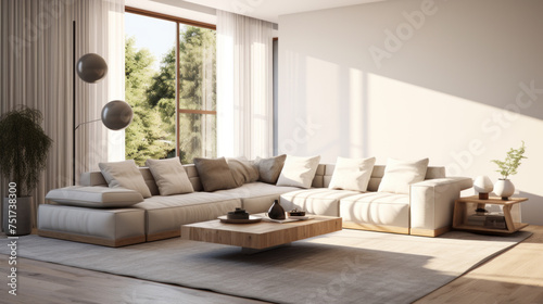 A trendy living room featuring a modern sectional and augmented reality décor