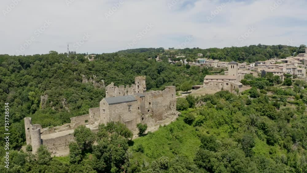 Aerial shot of Saissac Castle in the south of France. Historic French castle. Aerial shot of Saissac Castle in the south of France. Historic French castle.