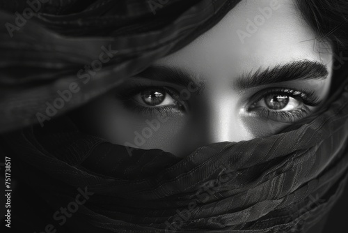 Fashion model s face obscured by black and white scarf in portrait