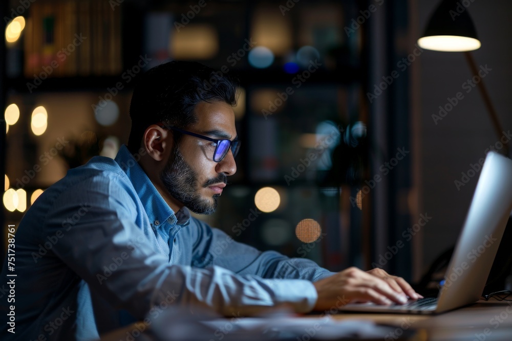 Focused Middle Eastern male manager in glasses working on laptop computer in modern office sitting at desk and looking at screen