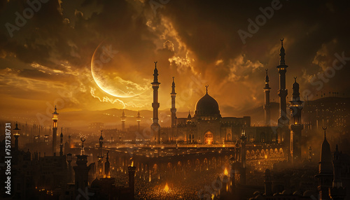 The Kaaba with the Rising Ramadan Crescent photo