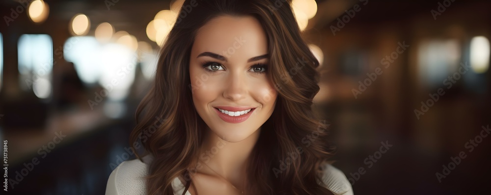 Joyful young woman makes eye contact with the camera blurred backgroundcopy space solid background. Concept Portrait Photography, Eye Contact, Copy Space, Blurred Background, Solid Background