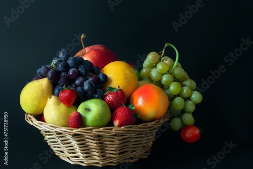 Fresh fruits in a basket on white and black background