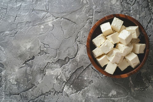 Fresh milk and lemon juice turn into homemade Indian paneer cheese diced on a wooden bowl over a gray stone background Close up photo