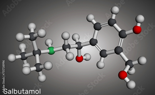 Salbutamol, albuterol  molecule. It is short-acting agonist used in the treatment of asthma and COPD. Molecular model photo