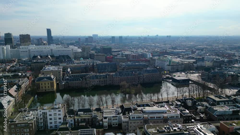 A captivating aerial view of the Binnenhof, the iconic political heart of The Hague, Netherlands, captured from a drone A captivating aerial view of the Binnenhof, the iconic political heart of The Hague, Netherlands, captured from a drone