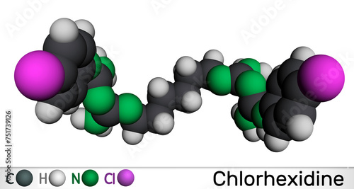 Chlorhexidine disinfectant and antiseptic drug molecule. Molecular model. 3D rendering photo