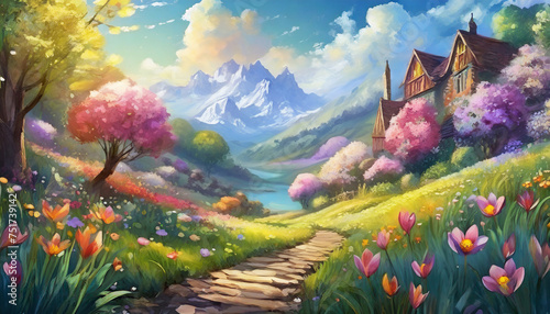 Detailed illustration of beautiful landscape with blooming flowers and trees, mountains. © hardvicore