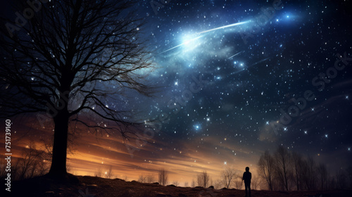 A lone figure stands under a night sky witnessing a meteor shower, illuminating a wistful scene photo
