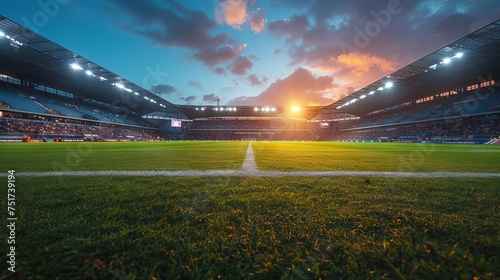 
Green field of football professional covering. Grass at the stadium for sporting events. Spotlight light. Concept: championships and coverage of events from the world of sports photo